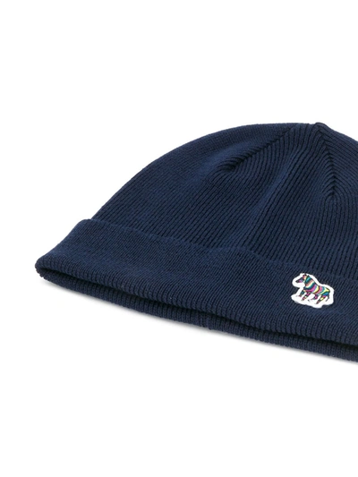 Ps By Paul Smith Zebra Logo Beanie In Black In Blue
