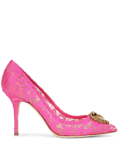 Shop Dolce & Gabbana Heart Plaque Lace Pumps In Pink