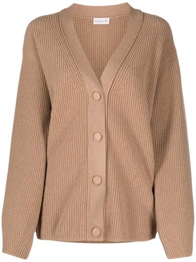 Shop Moncler Rib-knit Cardigan In Braun