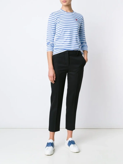 Comme Des Garçons Play Striped Heart Patch Long Sleeve T-shirt In Blue