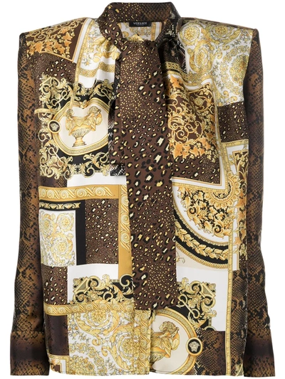 Shop Versace Printed Pussy-bow Blouse In Gold