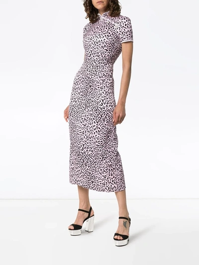 Shop Alessandra Rich Fitted Cheetah Print Silk Cheongsam Dress In Pink