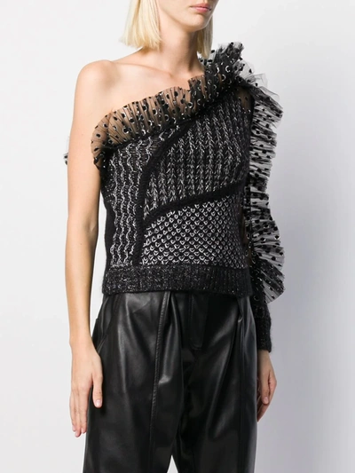 Shop Alberta Ferretti Tulle-panelled One-shoulder Top In Black