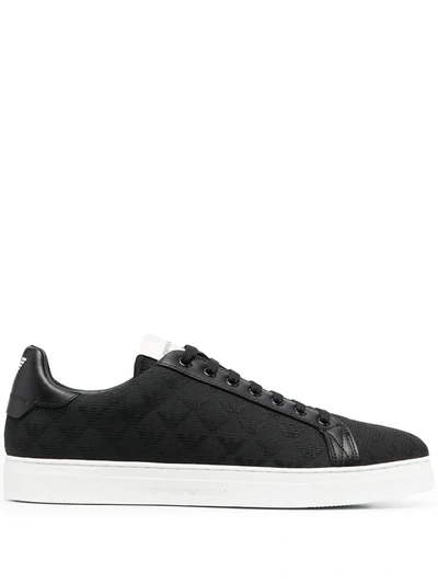 Emporio Armani Nylon Sneakers With Jacquard All-over Eagle In Black