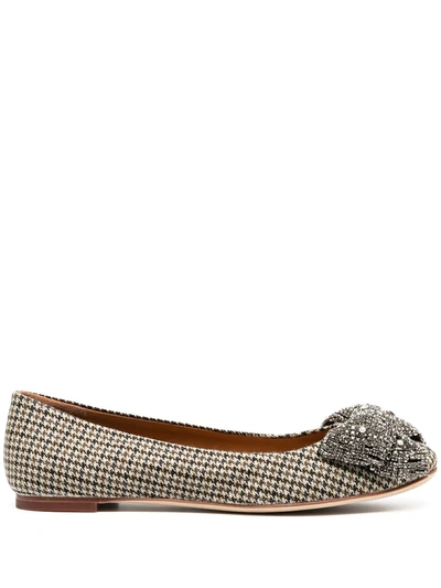 Shop Tory Burch Crystal-bow Houndstooth Ballerina Shoes In Brown