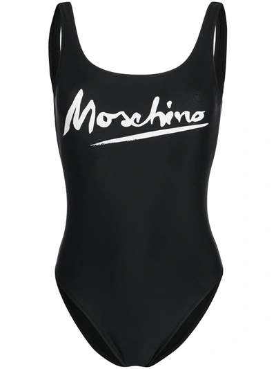 Shop Moschino Logo Printed Swimsuit In Black