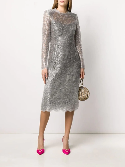 Shop Dolce & Gabbana Lace Midi Dress In Silver