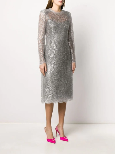 Shop Dolce & Gabbana Lace Midi Dress In Silver