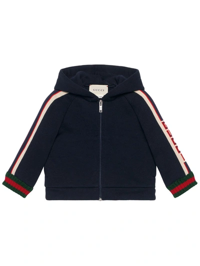 Shop Gucci Web Trim Logo Stripe Hoodie In Blue ,multicolour