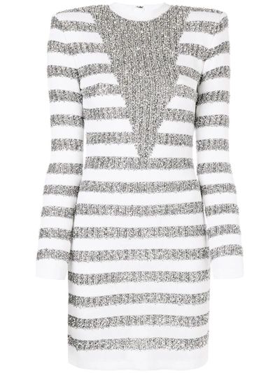 Shop Balmain Glitter Detail Striped Dress In Metallic