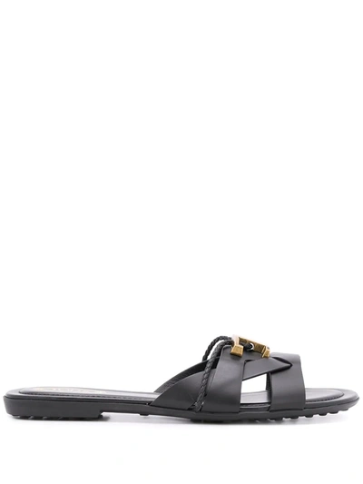 Shop Tod's Logo Leather Sandals In Black