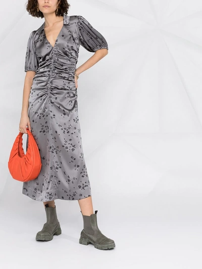 Shop Ganni Floral-print Satin Dress In Grey
