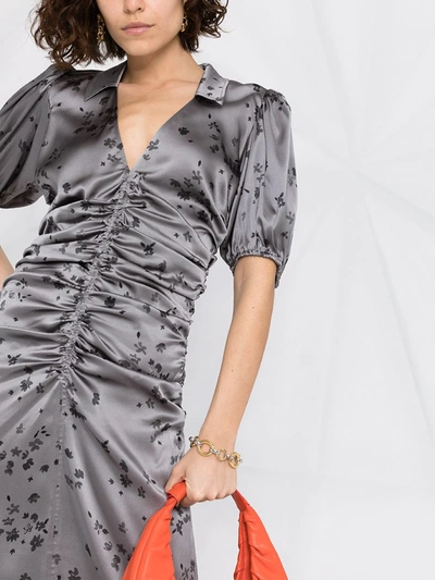 Shop Ganni Floral-print Satin Dress In Grey