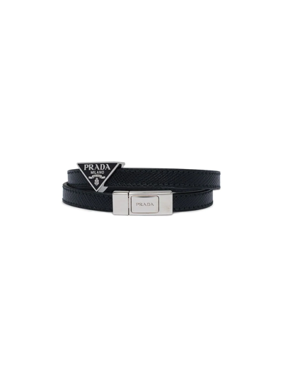 Shop Prada Logo Plaque Wrap Bracelet In Black