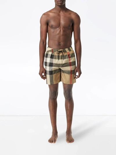 Shop Burberry Checked Drawstring Swim Shorts In Neutrals