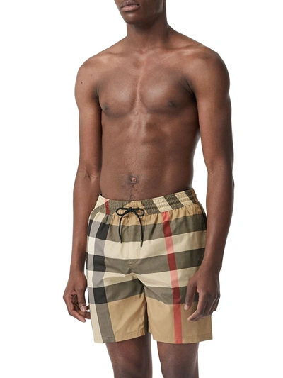 Shop Burberry Checked Drawstring Swim Shorts In Neutrals