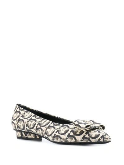 Ferragamo Viva Bow Gancini-print Canvas Ballerina Flats In Neutrals