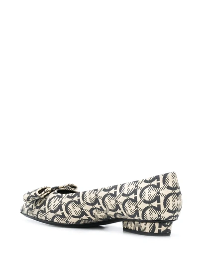 Ferragamo Viva Bow Gancini-print Canvas Ballerina Flats In Neutrals