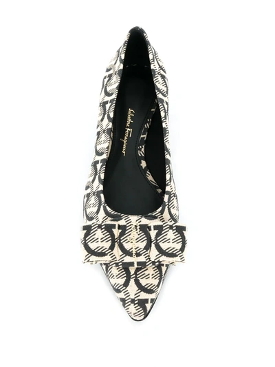 Ferragamo Viva Bow Gancini-print Canvas Ballerina Flats In Neutrals
