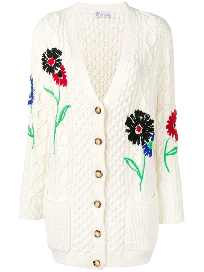 Shop Red Valentino Floral-embroidered Cable-knit Cardigan In White