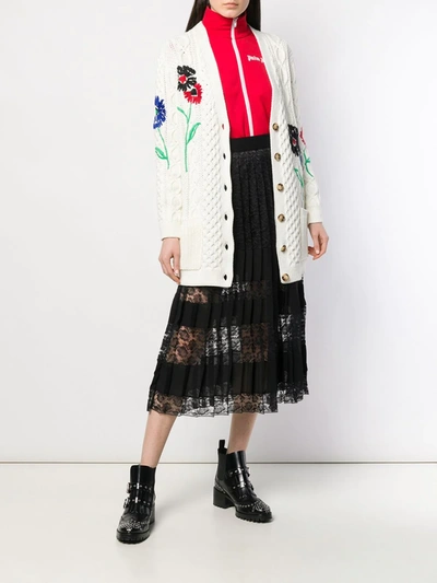 Shop Red Valentino Floral-embroidered Cable-knit Cardigan In White