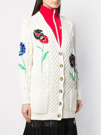 Shop Red Valentino Floral-embroidered Cable-knit Cardigan In White