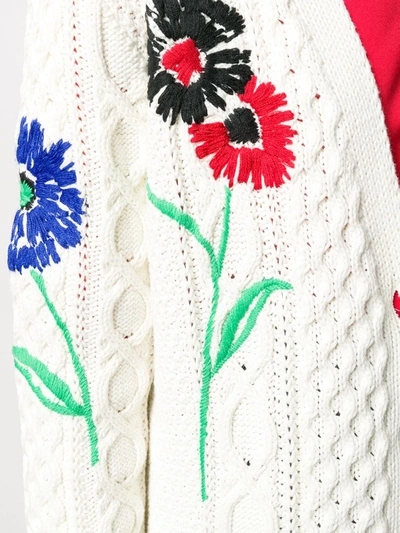 Shop Red Valentino Floral-embroidered Cable-knit Cardigan In White