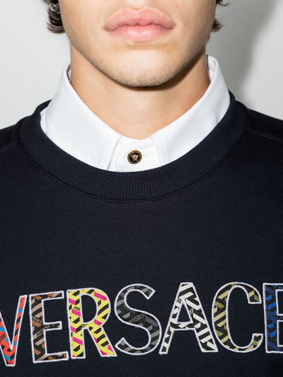 Shop Versace Logo-embroidered Crew-neck Sweatshirt In Blau