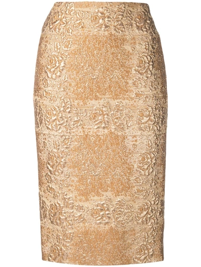 Shop Valentino Brocade Pencil Skirt In Gold