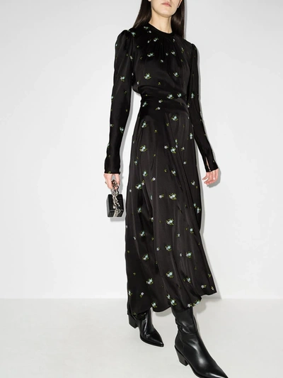 Shop Paco Rabanne Floral-print Long-sleeve Long Dress In Black