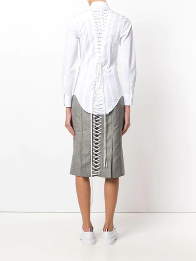 Shop Thom Browne Lace-up Back Long Sleeve Button Down Point Collar Shirt In Solid Poplin In White