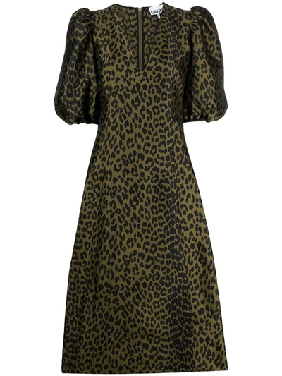 Shop Ganni Leopard-print Midi Dress In Green ,black