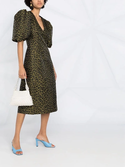 Shop Ganni Leopard-print Midi Dress In Green ,black