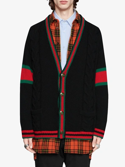 Shop Gucci Oversize Cable Knit Cardigan In Black