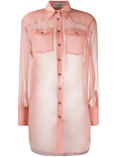 Shop Brunello Cucinelli Silk Long-sleeve Sheer Blouse In Pink