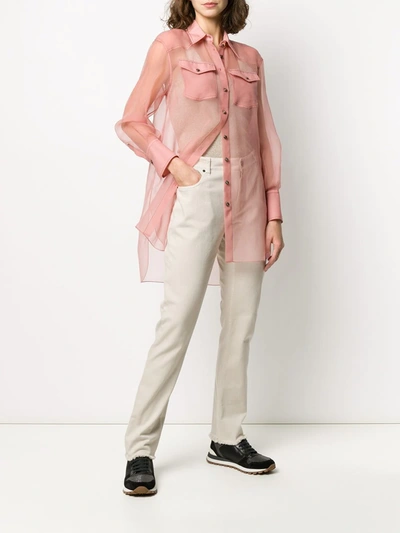 Shop Brunello Cucinelli Silk Long-sleeve Sheer Blouse In Pink