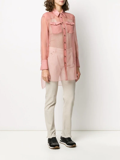 Shop Brunello Cucinelli Silk Long-sleeve Sheer Blouse In Pink