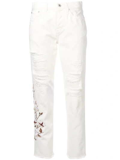 OFF-WHITE DISTRESSED FLOWERS JEANS - 白色