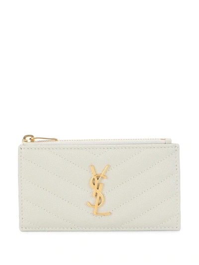 Shop Saint Laurent Monogram Fragments Zippered Card Case In Neutrals