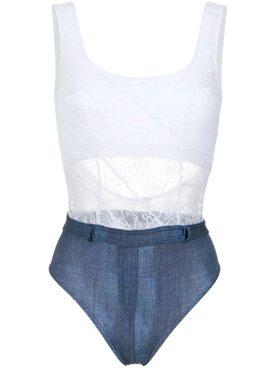 Shop Amir Slama Lace And Denim Swimsuit In White