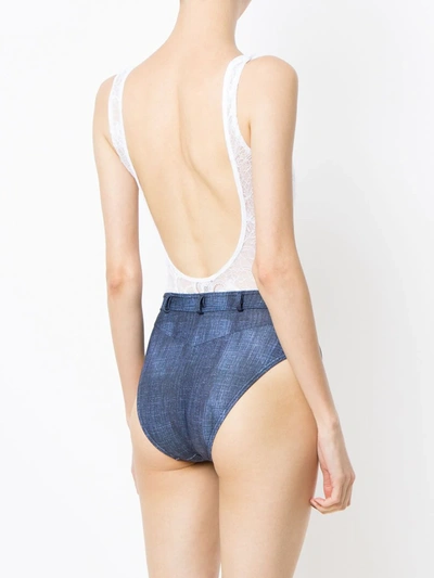 Shop Amir Slama Lace And Denim Swimsuit In White