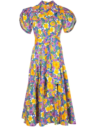 Shop Lhd Floral-print Poplin Dress In Blue