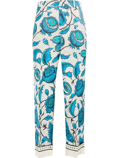 Shop Gucci Floral Print Straight Trousers In Blue