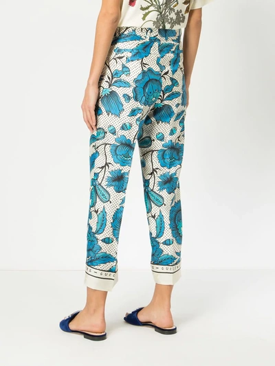 Shop Gucci Floral Print Straight Trousers In Blue