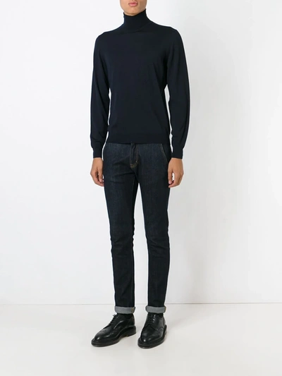 Drumohr Turtleneck Merino Wool Sweater With Ribbed Edge In Blue