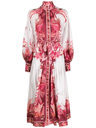 Shop Zimmermann Belted Phoenix Print Silk Dress In Pink