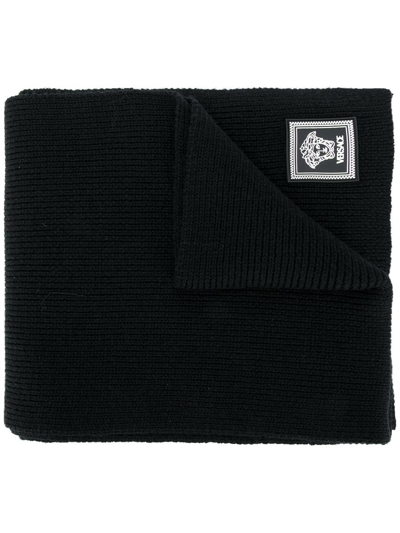 Shop Versace Ribbed Knit Wool Scarf In Black
