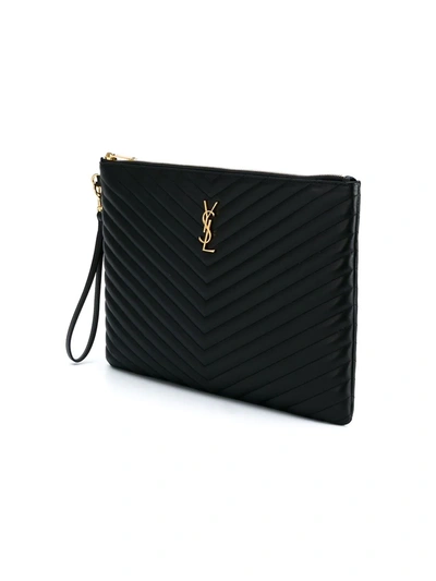 Saint Laurent Monogram Ysl Large Chevron Quilted Flat Wristlet Pouch Bag In Black