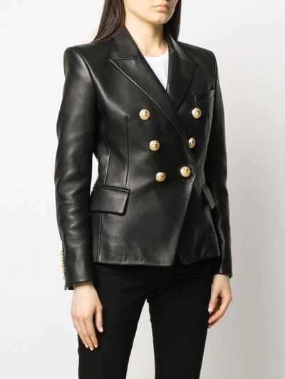 Shop Balmain Double-breasted Leather Blazer In Black