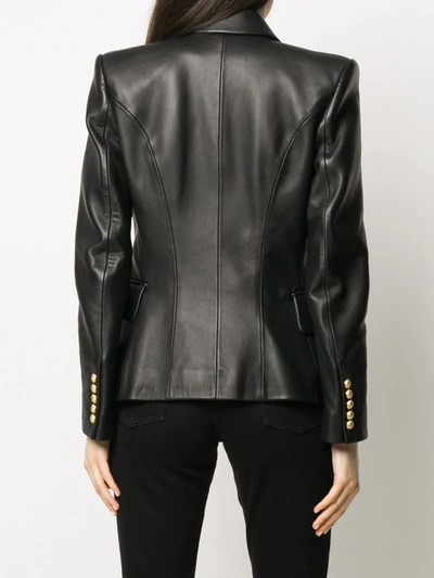 Shop Balmain Double-breasted Leather Blazer In Black